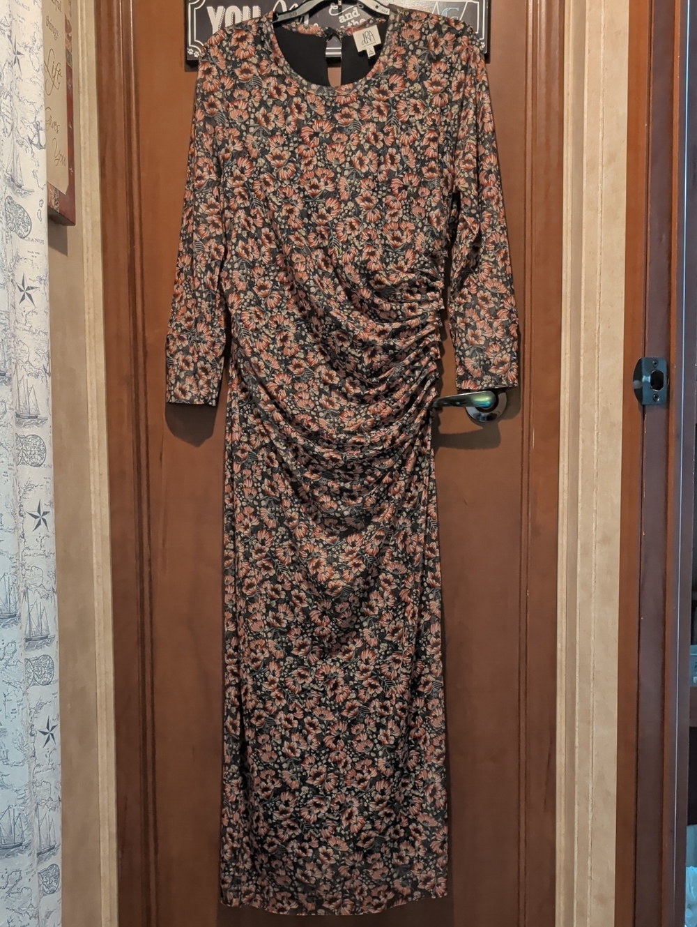 Floral Ruched Long Sleeve Maxi Dress - Black with Pink Floral